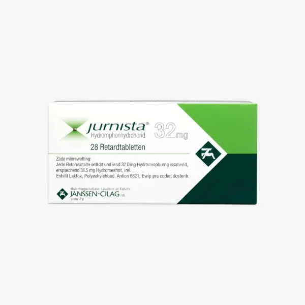 Jurnista 32 mg tablets Canada Jurnista 32 mg tablets original Canadian packaging box, white round hydromorphone HCl prolonged-release opioid pain medication for Canada